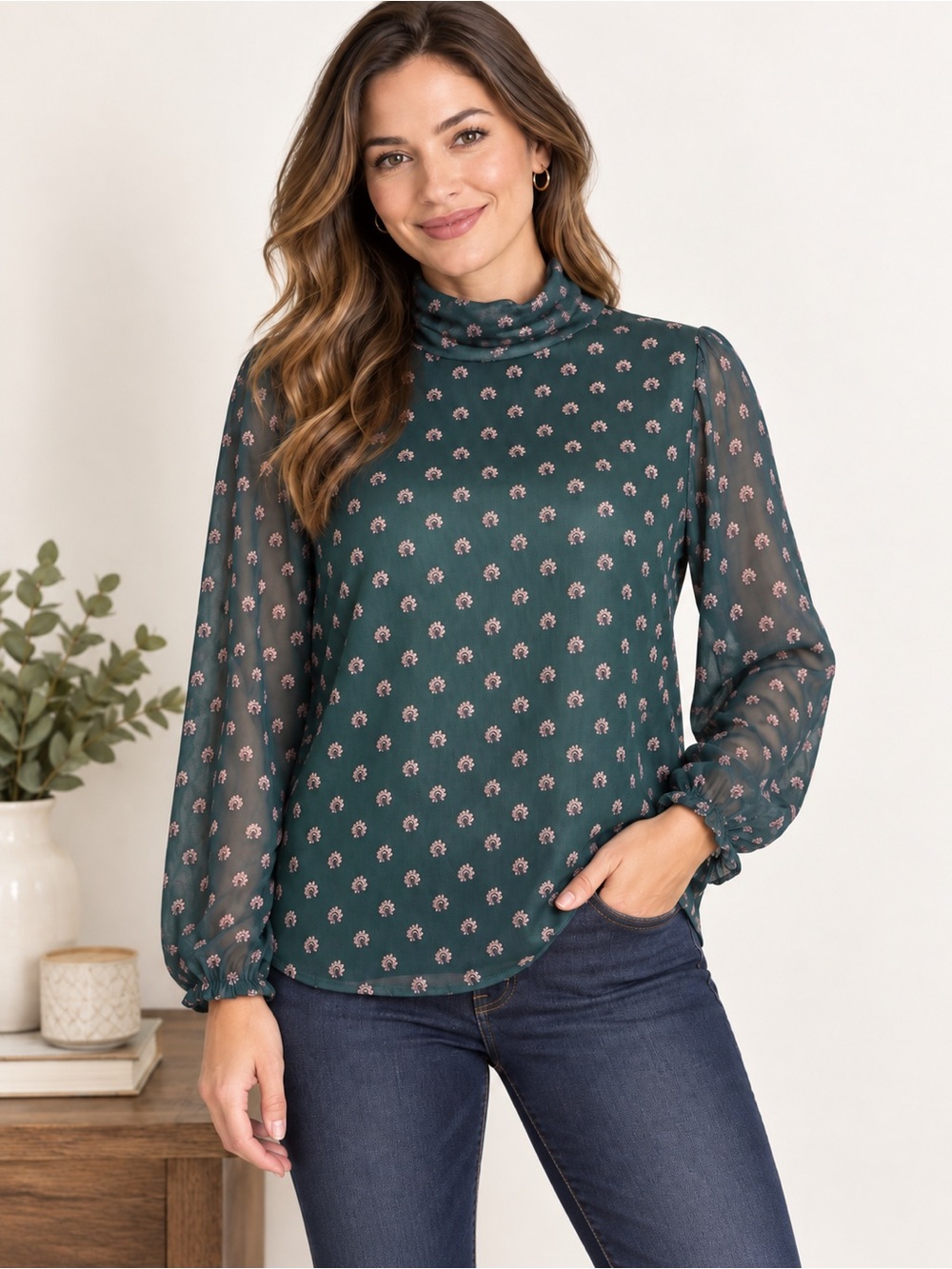 Emerald Green Mesh Turtleneck Blouse Romantic Sheer Sleeve Top L